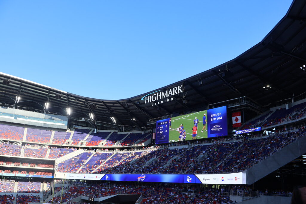 A view across Highmark Stadium from the stands on a sunny day