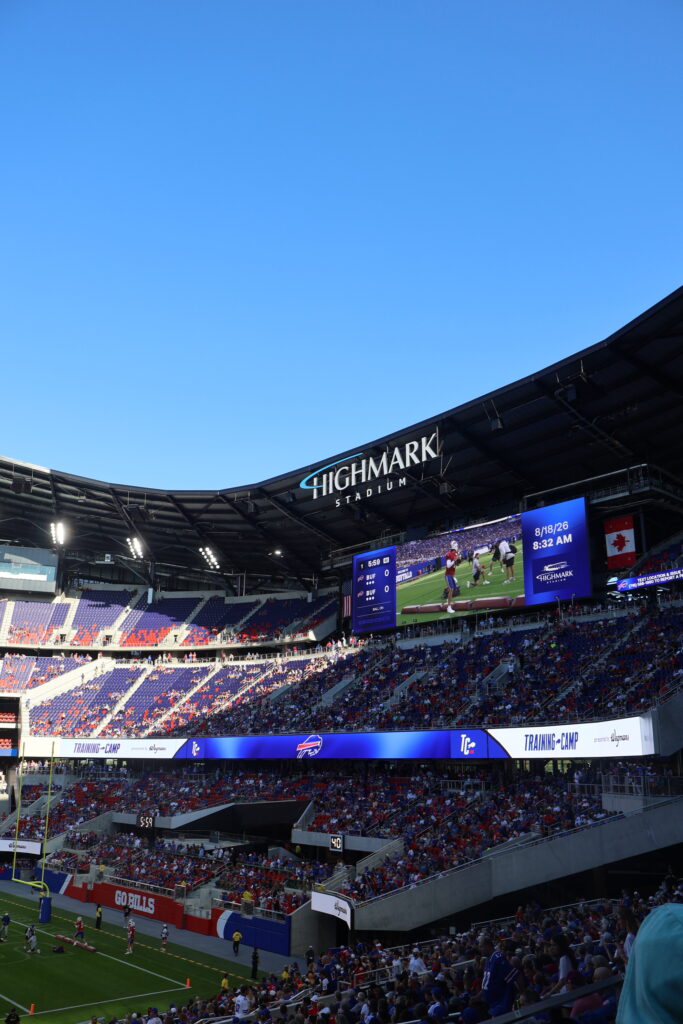 The stadium bowl and scoreboard at Highmark Stadium