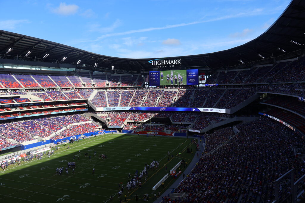 A wide view of Highmark Stadium from the upper level