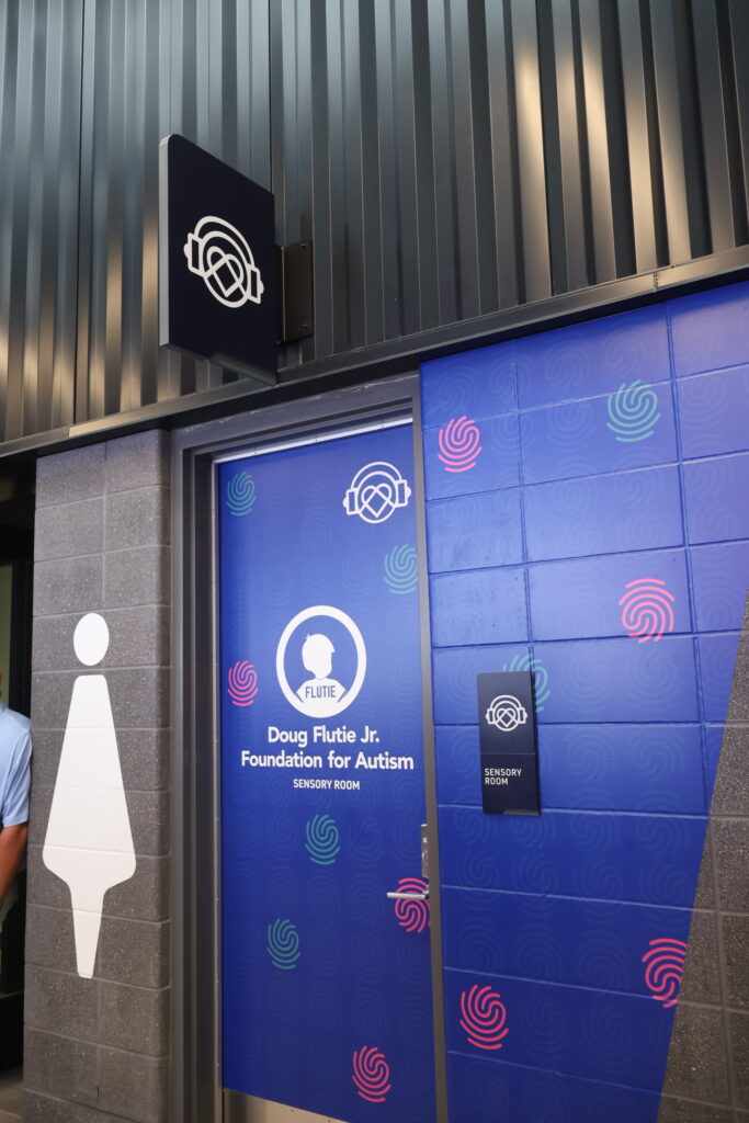The sensory room door, marked with the Doug Flutie Jr. Foundation for Autism logo