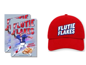 Two boxes of the 2026 Flutie Flakes collector's edition beside the red Flutie Flakes cap