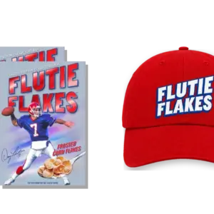 Two boxes of the 2026 Flutie Flakes collector's edition beside the red Flutie Flakes cap