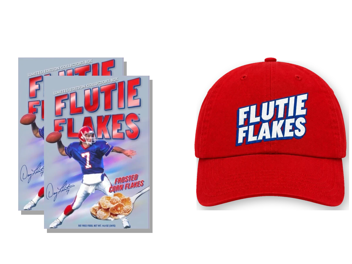 Two boxes of the 2026 Flutie Flakes collector's edition beside the red Flutie Flakes cap
