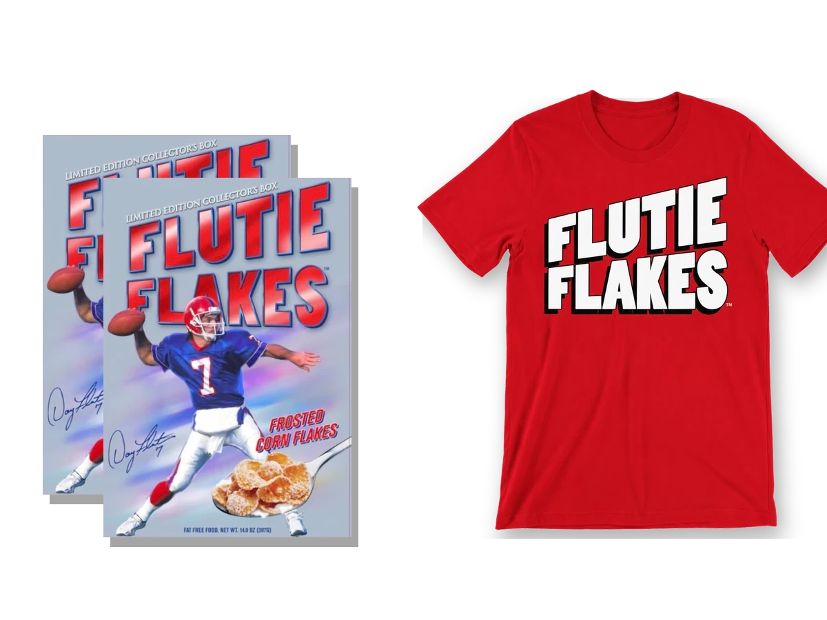 Two boxes of the 2026 Flutie Flakes collector's edition beside the Collector's Tee