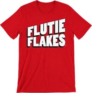 The Collector's Tee in red, with FLUTIE FLAKES across the chest in white block lettering with a black drop shadow