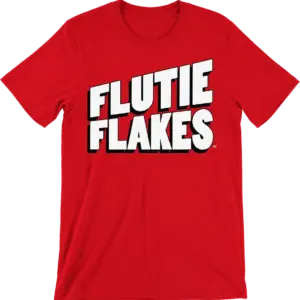 The Collector's Tee in red, with FLUTIE FLAKES across the chest in white block lettering with a black drop shadow