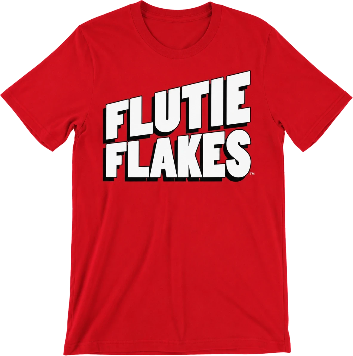 The Collector's Tee in red, with FLUTIE FLAKES across the chest in white block lettering with a black drop shadow
