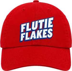 A red Flutie Flakes cap, with FLUTIE FLAKES embroidered across the front in white lettering outlined in blue