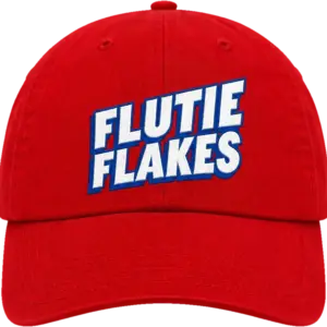 A red Flutie Flakes cap, with FLUTIE FLAKES embroidered across the front in white lettering outlined in blue