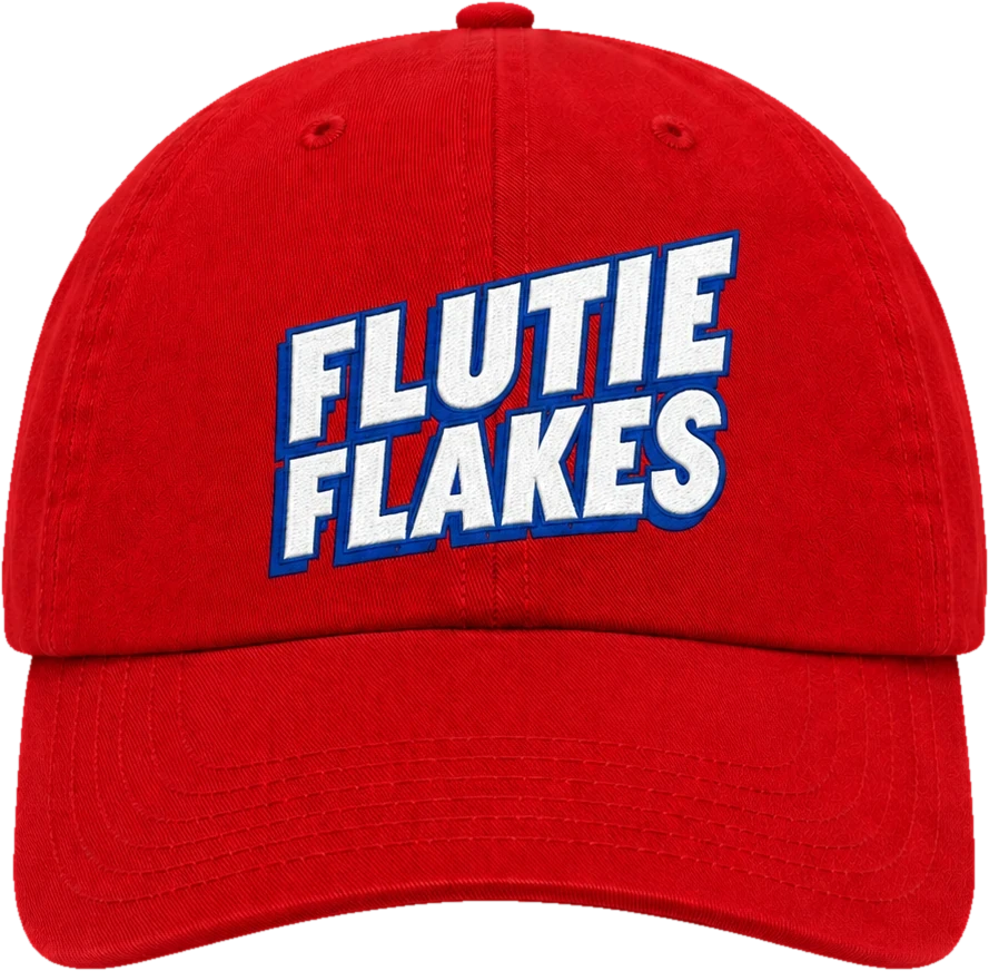 A red Flutie Flakes cap, with FLUTIE FLAKES embroidered across the front in white lettering outlined in blue